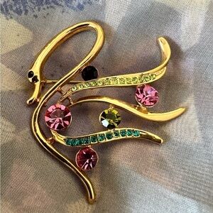 Vintage goldtone multicolor rhinestones swan brooch pin